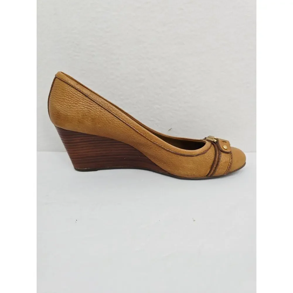 Tory Burch Reva Wedge Shoes Leather Tan 10
